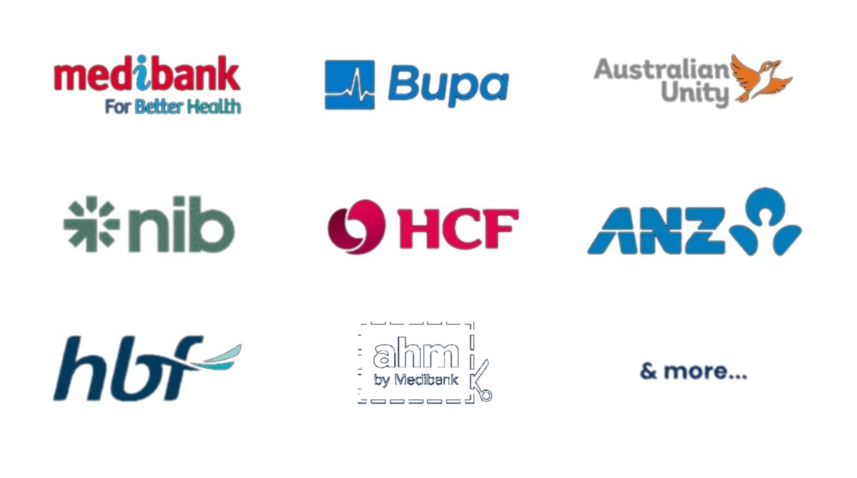 Logos of major Australian health funds accepted across the partner network, including Medibank, Bupa, Australian Unity, nib, HCF, ANZ, HBF and ahm